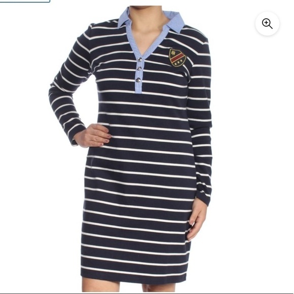 𝅺TOMMY Hilfiger navy/white striped chambray collar crest patch shirt dress - Picture 3 of 11
